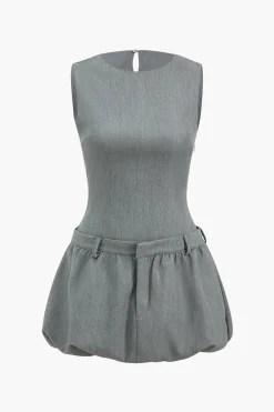 MICAS Mini Dresses-Round Neck Patchwork Sleeveless Mini Dress GRAY