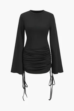 MICAS Long Sleeve Dresses|Mini Dresses-Round Neck Ruched Drawstring Bell Long Sleeve Mini Dress BLACK