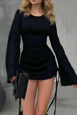 MICAS Long Sleeve Dresses|Mini Dresses-Round Neck Ruched Drawstring Bell Long Sleeve Mini Dress BLACK