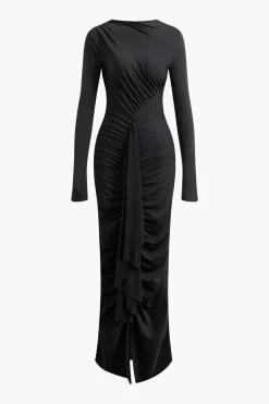 MICAS Long Sleeve Dresses|Maxi Dresses-Round Neck Ruched Slit Long Sleeve Maxi Dress BLACK