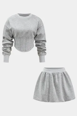 MICAS Skirt Sets-Round-Neck Corset Long-Sleeve Top And Skirt Set GRAY