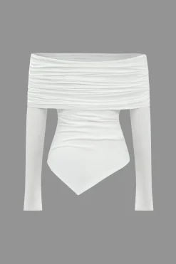 MICAS Long Sleeve Tops|Long Sleeves Tops-Ruched Asymmetrical Off Shoulder Long-Sleeve Top WHITE