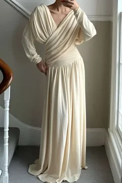 MICAS Long Sleeve Dresses|Maxi Dresses-Ruched Backless Maxi Dress BEIGE