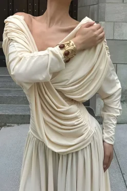 MICAS Long Sleeve Dresses|Maxi Dresses-Ruched Backless Maxi Dress BEIGE