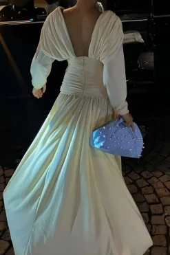 MICAS Long Sleeve Dresses|Maxi Dresses-Ruched Backless Maxi Dress BEIGE