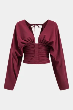 MICAS Long Sleeve Tops|Long Sleeves Tops-Ruched Backless Tie Back Long-Sleeve Shirt BURGUNDY