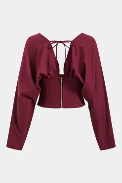 MICAS Long Sleeve Tops|Long Sleeves Tops-Ruched Backless Tie Back Long-Sleeve Shirt BURGUNDY
