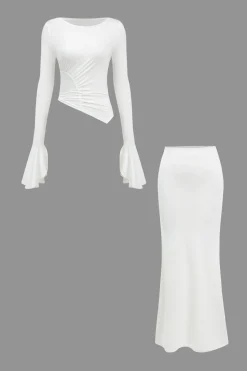 MICAS Skirt Sets-Ruched Bell Sleeve Top And Skirt Set