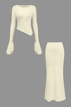 MICAS Skirt Sets-Ruched Bell Sleeve Top And Skirt Set