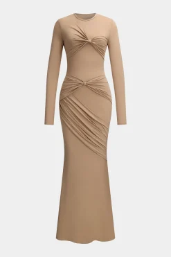 MICAS Long Sleeve Dresses|Maxi Dresses-Ruched Bow Round Neck Long Sleeve Maxi Dress KHAKI