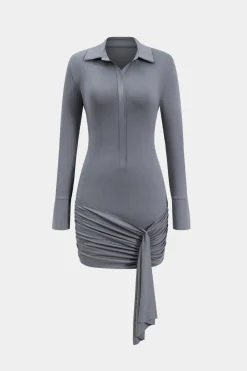 MICAS Mini Dresses|Long Sleeve Dresses-Ruched Button Long Sleeve Mini Dress GRAY