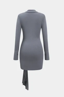 MICAS Mini Dresses|Long Sleeve Dresses-Ruched Button Long Sleeve Mini Dress GRAY