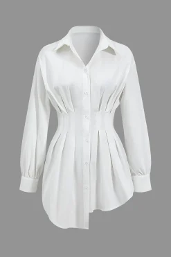 MICAS Long Sleeve Tops|Long Sleeves Tops-Ruched Button Long-Sleeve Shirt WHITE