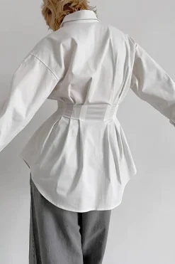 MICAS Long Sleeve Tops|Long Sleeves Tops-Ruched Button Long-Sleeve Shirt WHITE