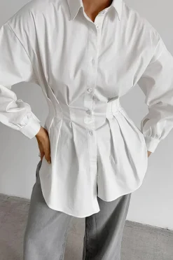 MICAS Long Sleeve Tops|Long Sleeves Tops-Ruched Button Long-Sleeve Shirt WHITE