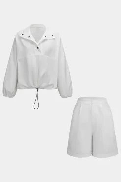 MICAS Short Sets-Ruched Drawstring Button Long-Sleeve Top And Shorts Set WHITE