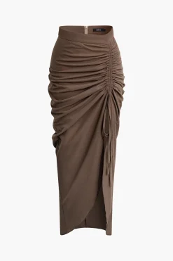 MICAS Skirts-Ruched Drawstring Split Skirt BROWN