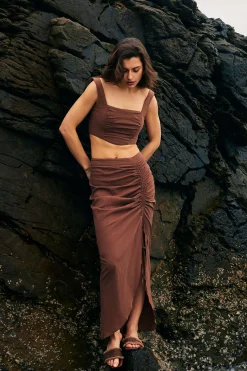 MICAS Skirts-Ruched Drawstring Split Skirt BROWN