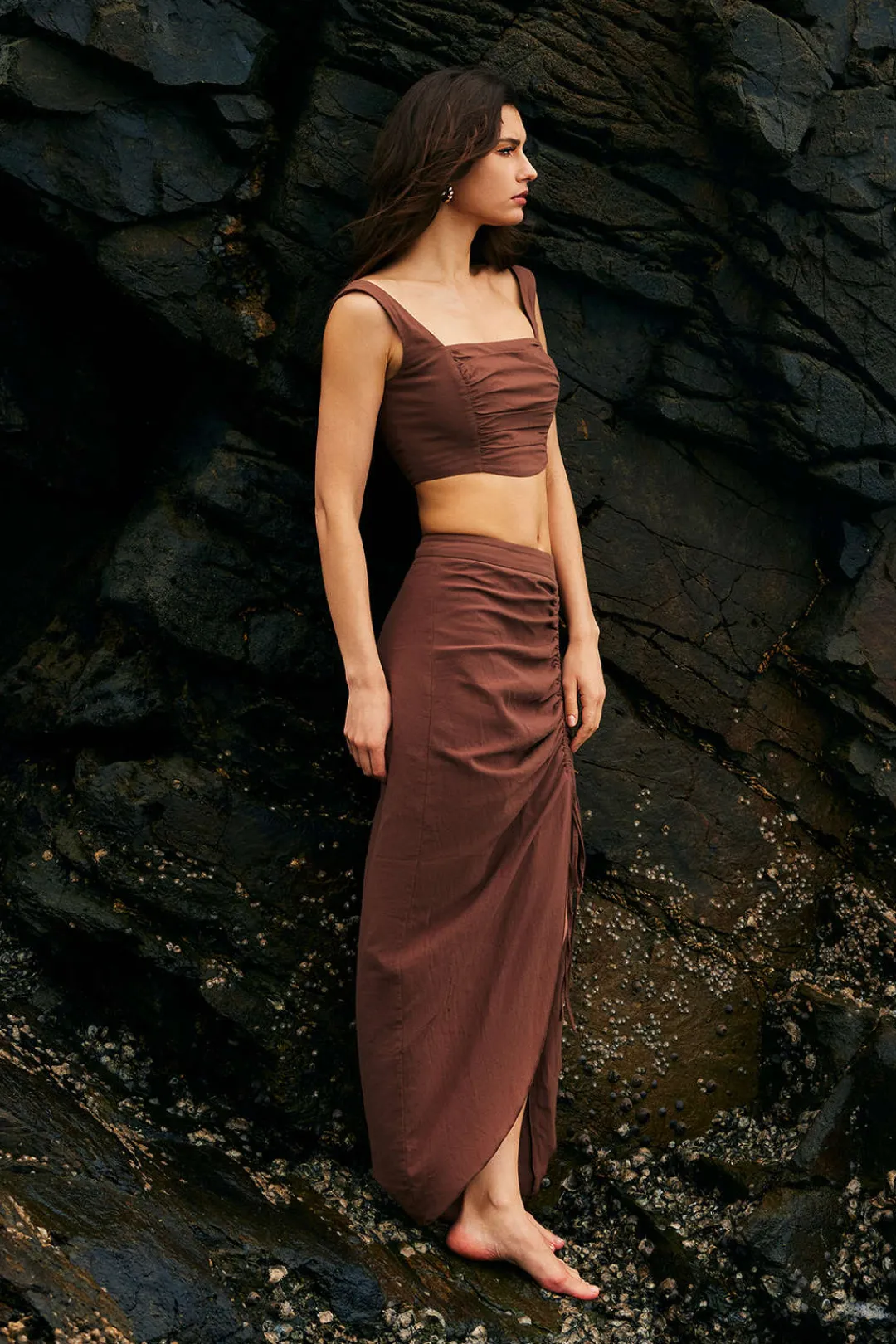 MICAS Skirts-Ruched Drawstring Split Skirt BROWN