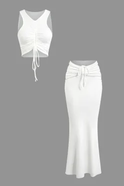MICAS Skirt Sets|Vacation Sets-Ruched Drawstring Tank Top And Mermaid Maxi Skirt Set