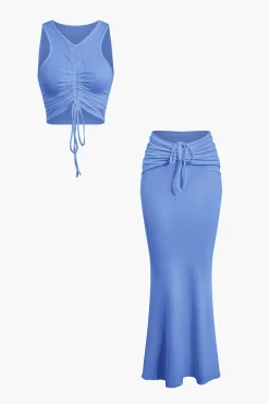 MICAS Skirt Sets|Vacation Sets-Ruched Drawstring Tank Top And Mermaid Maxi Skirt Set