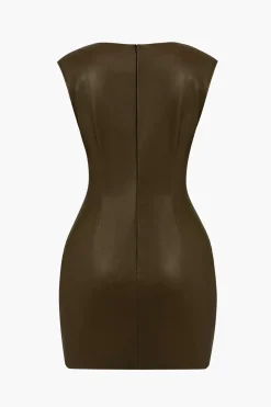 MICAS Mini Dresses-Ruched Faux Leather V-Neck Bodycon Mini Dress