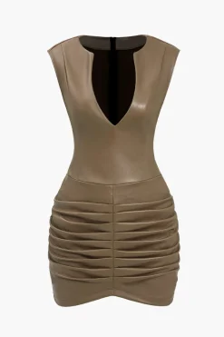 MICAS Mini Dresses-Ruched Faux Leather V-Neck Bodycon Mini Dress