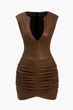 MICAS Mini Dresses-Ruched Faux Leather V-Neck Bodycon Mini Dress