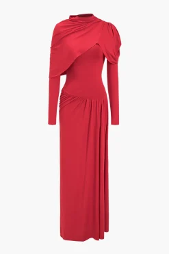 MICAS Long Sleeve Dresses|Maxi Dresses-Ruched Long Sleeve Maxi Dress RED
