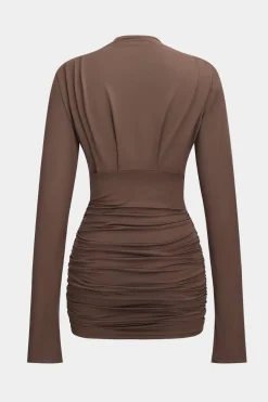 MICAS Long Sleeve Dresses|Mini Dresses-Ruched Long Sleeve Mini Dress BROWN