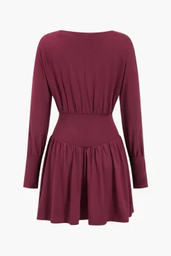 MICAS Mini Dresses|Long Sleeve Dresses-Ruched Long Sleeve Retro Mini Dress BURGUNDY