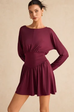 MICAS Mini Dresses|Long Sleeve Dresses-Ruched Long Sleeve Retro Mini Dress BURGUNDY
