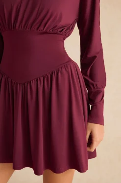MICAS Mini Dresses|Long Sleeve Dresses-Ruched Long Sleeve Retro Mini Dress BURGUNDY