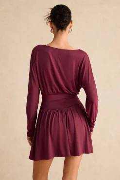 MICAS Mini Dresses|Long Sleeve Dresses-Ruched Long Sleeve Retro Mini Dress BURGUNDY
