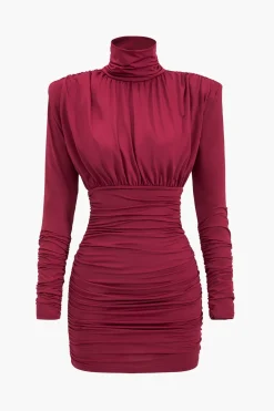 MICAS Long Sleeve Dresses|Mini Dresses-Ruched Long Sleeve Turtleneck Mini Dress