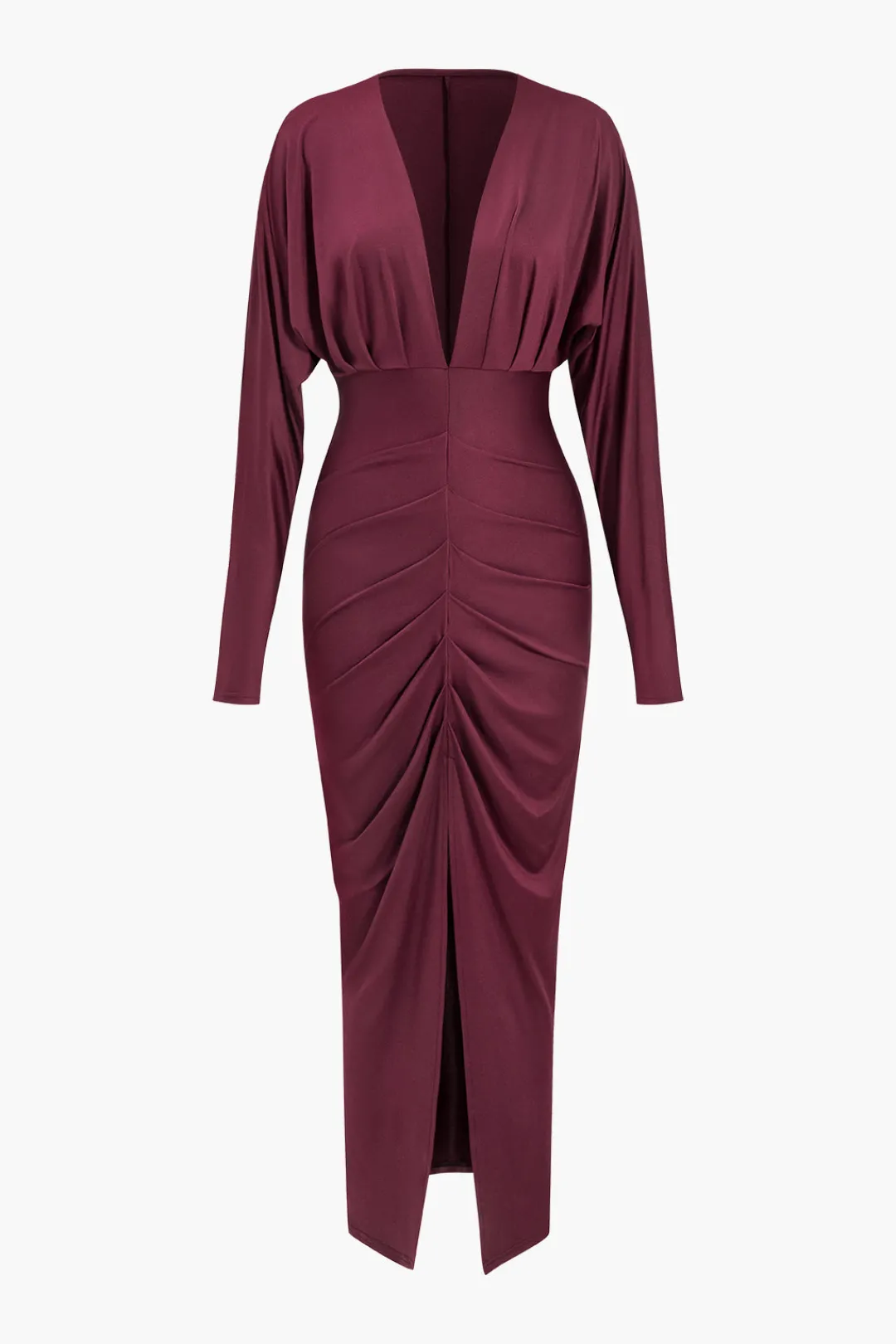 MICAS Long Sleeve Dresses|Maxi Dresses-Ruched Long Sleeve V-Neck Maxi Dress BURGUNDY