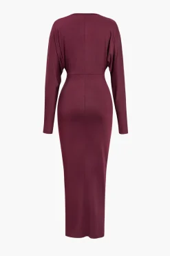 MICAS Long Sleeve Dresses|Maxi Dresses-Ruched Long Sleeve V-Neck Maxi Dress BURGUNDY