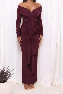 MICAS Long Sleeve Dresses|Maxi Dresses-Ruched Off Shoulder Drape Detail Maxi Dress
