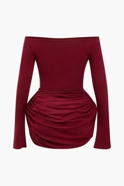 MICAS Long Sleeve Dresses|Mini Dresses-Ruched Off Shoulder Mini Dress