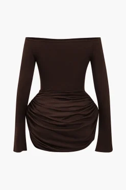MICAS Long Sleeve Dresses|Mini Dresses-Ruched Off Shoulder Mini Dress