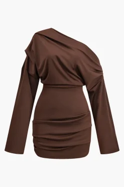 MICAS Long Sleeve Dresses|Mini Dresses-Ruched One Shoulder Long Sleeve Mini Dress BROWN