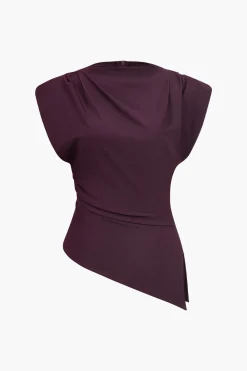 MICAS T-Shirts-Ruched Padded Shoulders Asymmetrical Short Sleeve T-Shirt BURGUNDY