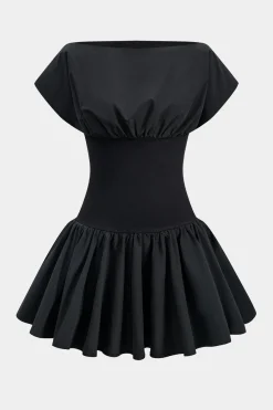 MICAS Mini Dresses-Ruched Patchwork Mini Dress BLACK