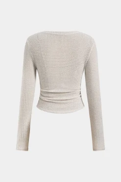 MICAS T-Shirts-Ruched Round Neck Long Sleeve T-Shirt BEIGE