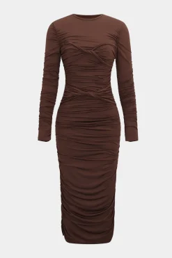 MICAS Long Sleeve Dresses|Midi Dresses-Ruched Round Neck Long-Sleeve Midi Dress BROWN