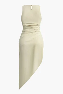 MICAS Midi Dresses-Ruched Sleeveless Asymmetric Hem Midi Dress WHEAT