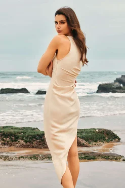 MICAS Midi Dresses-Ruched Sleeveless Asymmetric Hem Midi Dress WHEAT