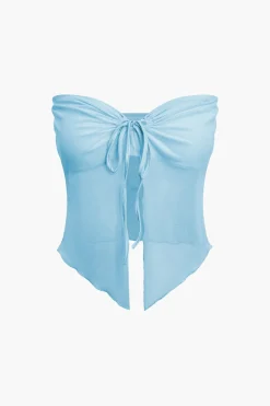 MICAS Skirt Sets|Vacation Sets-Ruched Sleeveless Double-Layered Mesh Split Strapless Top And Maxi Skirt Set