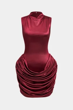 MICAS Mini Dresses-Ruched Sleeveless Mini Dress BURGUNDY
