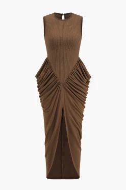MICAS Maxi Dresses-Ruched Sleeveless Round Neck Slit Maxi Dress